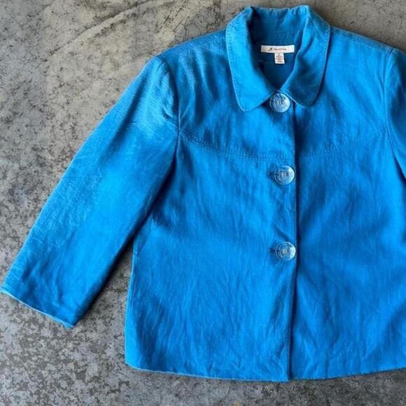 JM Collection Jackets & Blazers - JM Collection Blue 100% Linen Button Up Jacket Blazer Top Clear Buttons Womens 8